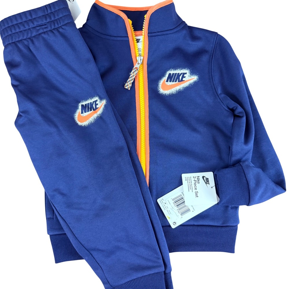 Nike Boys 2-Piece Tracksuit Set Midnight‎ Navy Orange 86M510-U90 Size 4 NEW - Picture 1 of 10